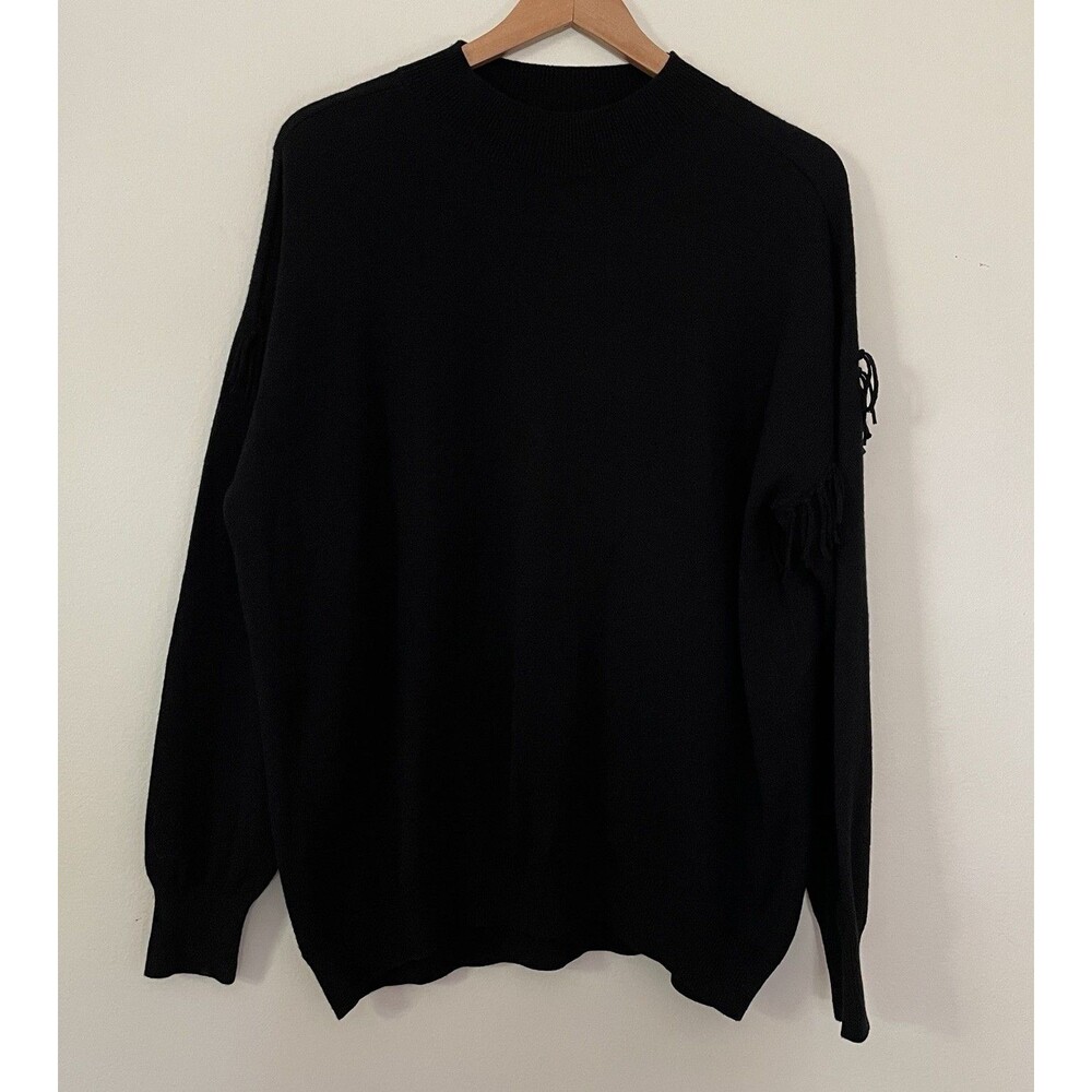 Elliott Lauren  XL Black Fringe Drop Shoulder Merino Wool Viscose Blend Boho